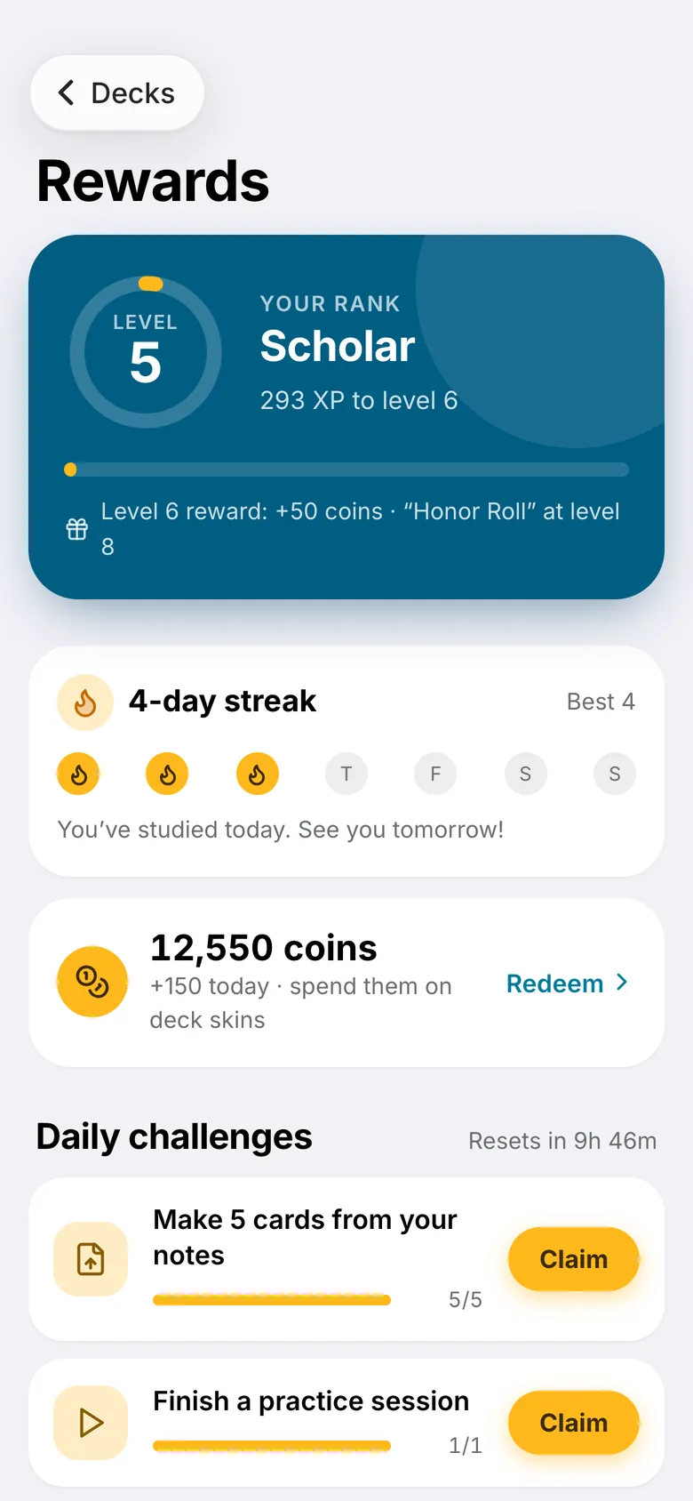 Rewards: level, streak and challenges