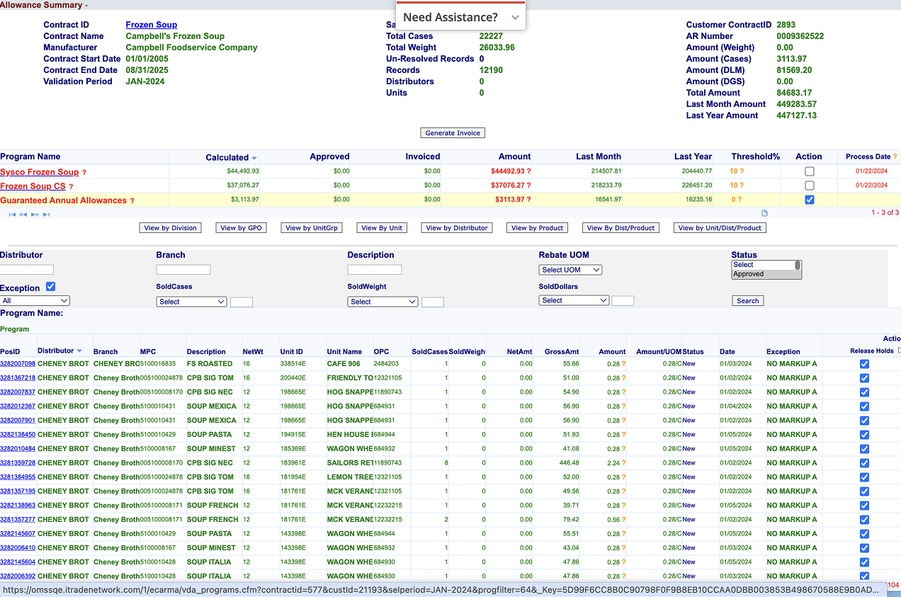VDA Calculation legacy screen